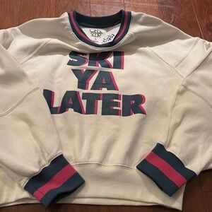NWT CHASOR  Ski Ya Later Cropped Dolman Sleeve Sweatshirt Cream Blue Pink- small